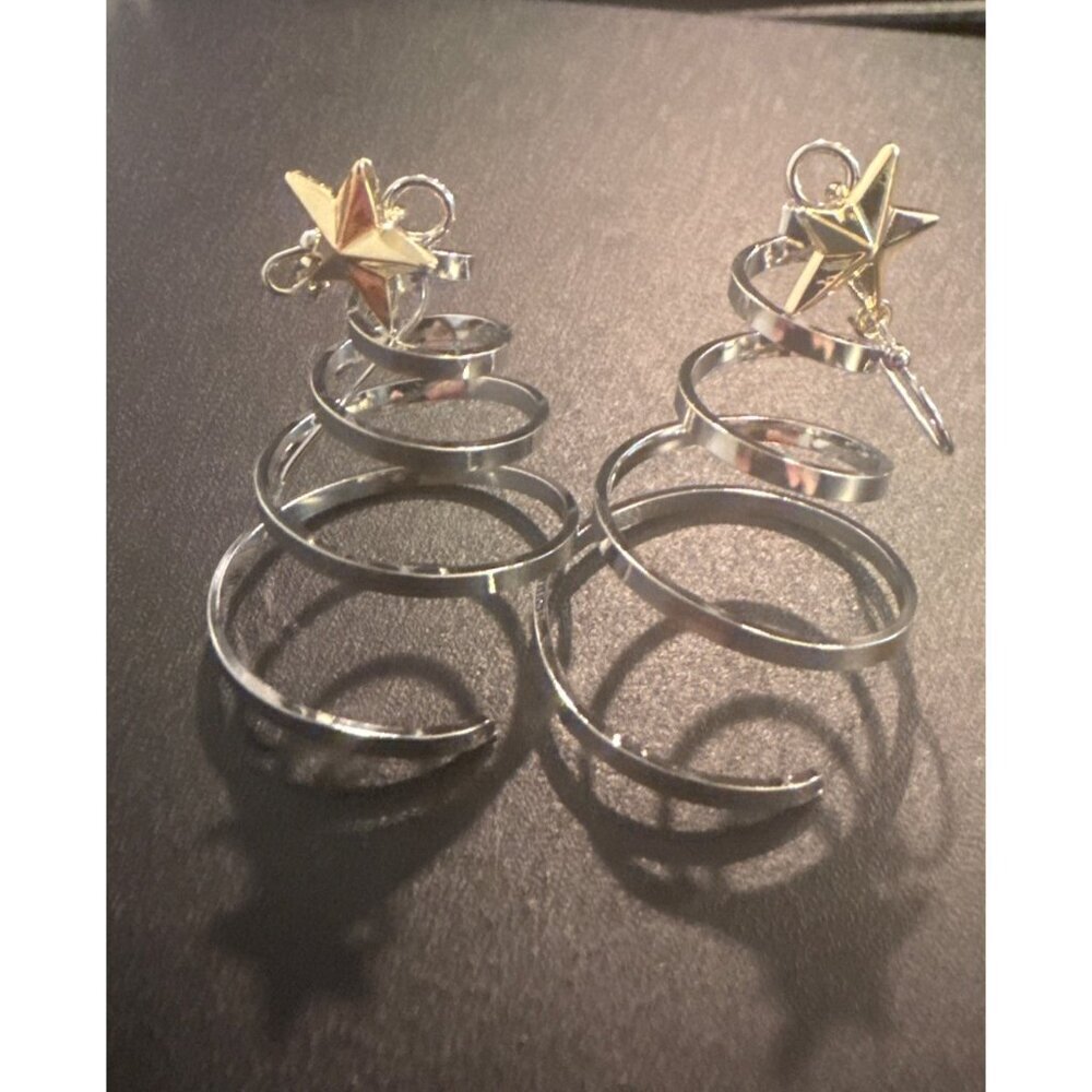 Silver Christmas Tree Spiral Earrings With Gold Star